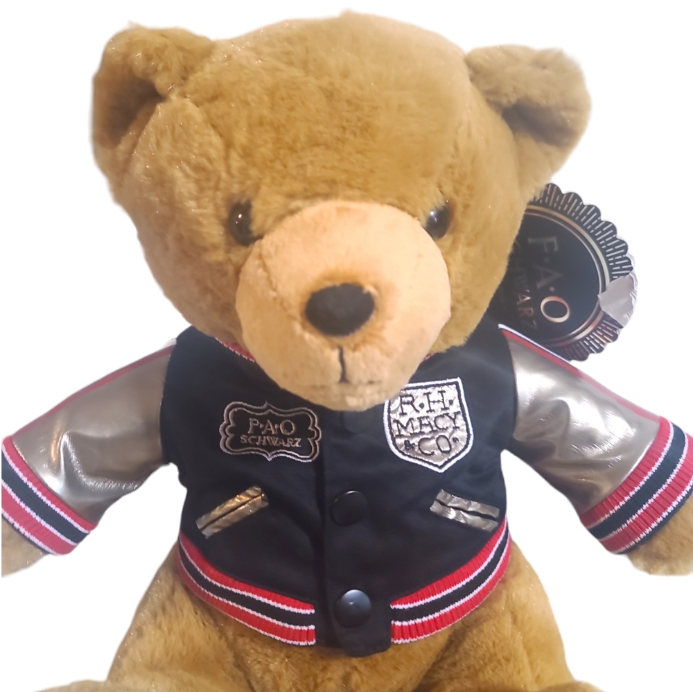 FAO Schwarz Teddy Bear Plush Varsity Jacket 12" Stuffed Animal Toy Brown Black - Picture 2 of 11